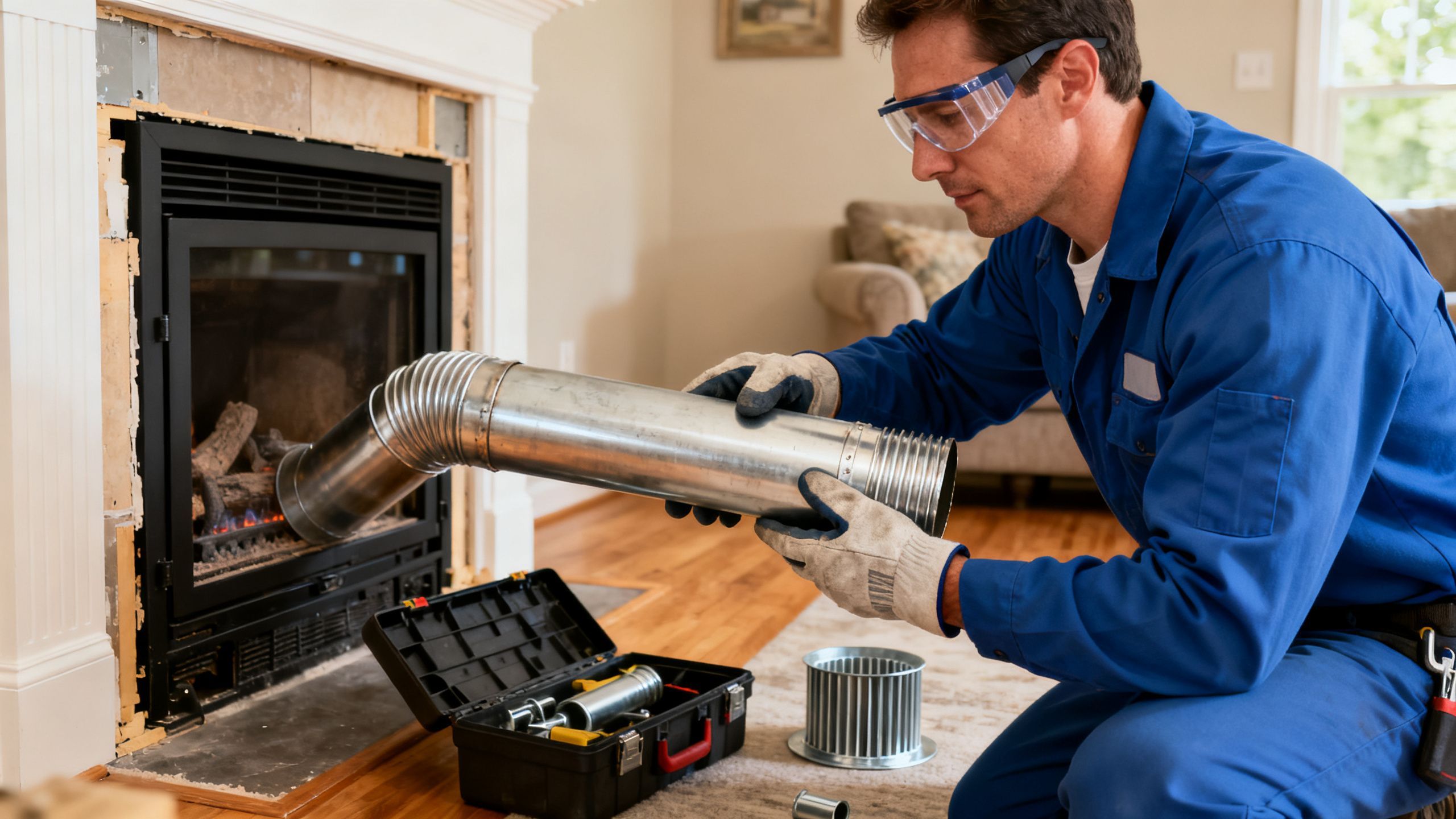 A certified technician carefully installing a direct vent pipe for a new gas fireplace in a suburban GTA home