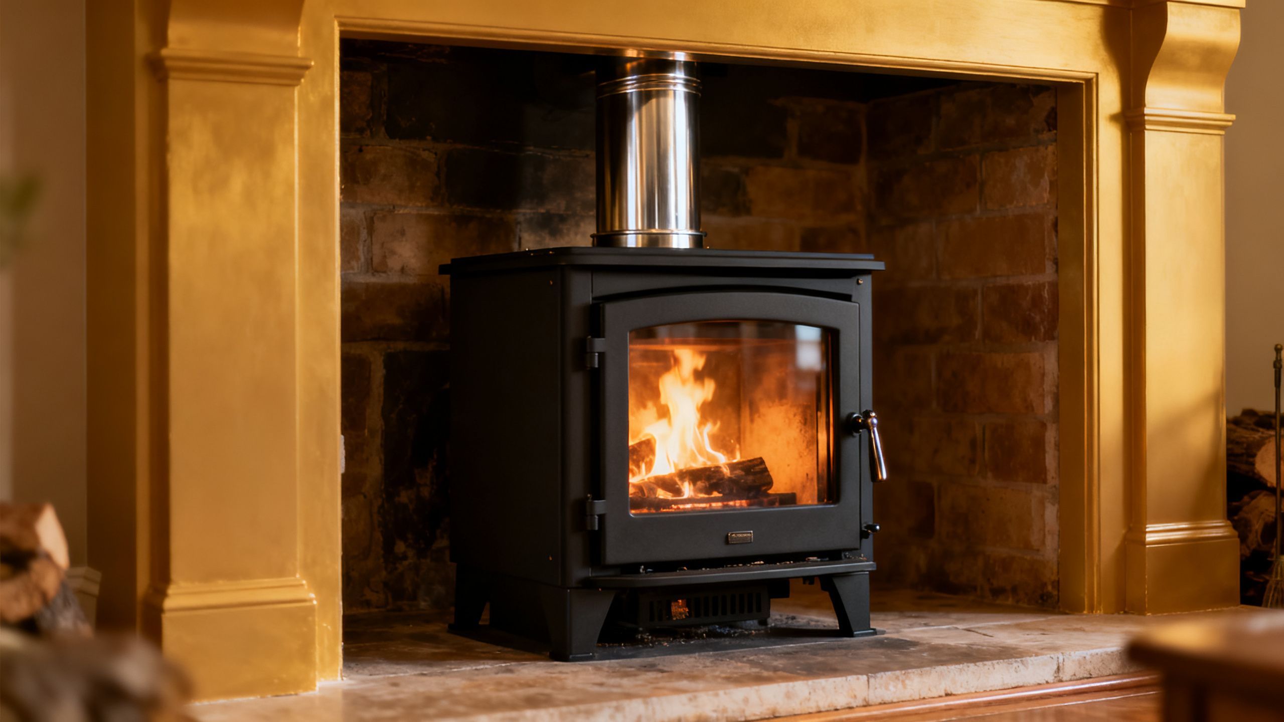 A modern black wood-burning stove glows with a warm fire inside.