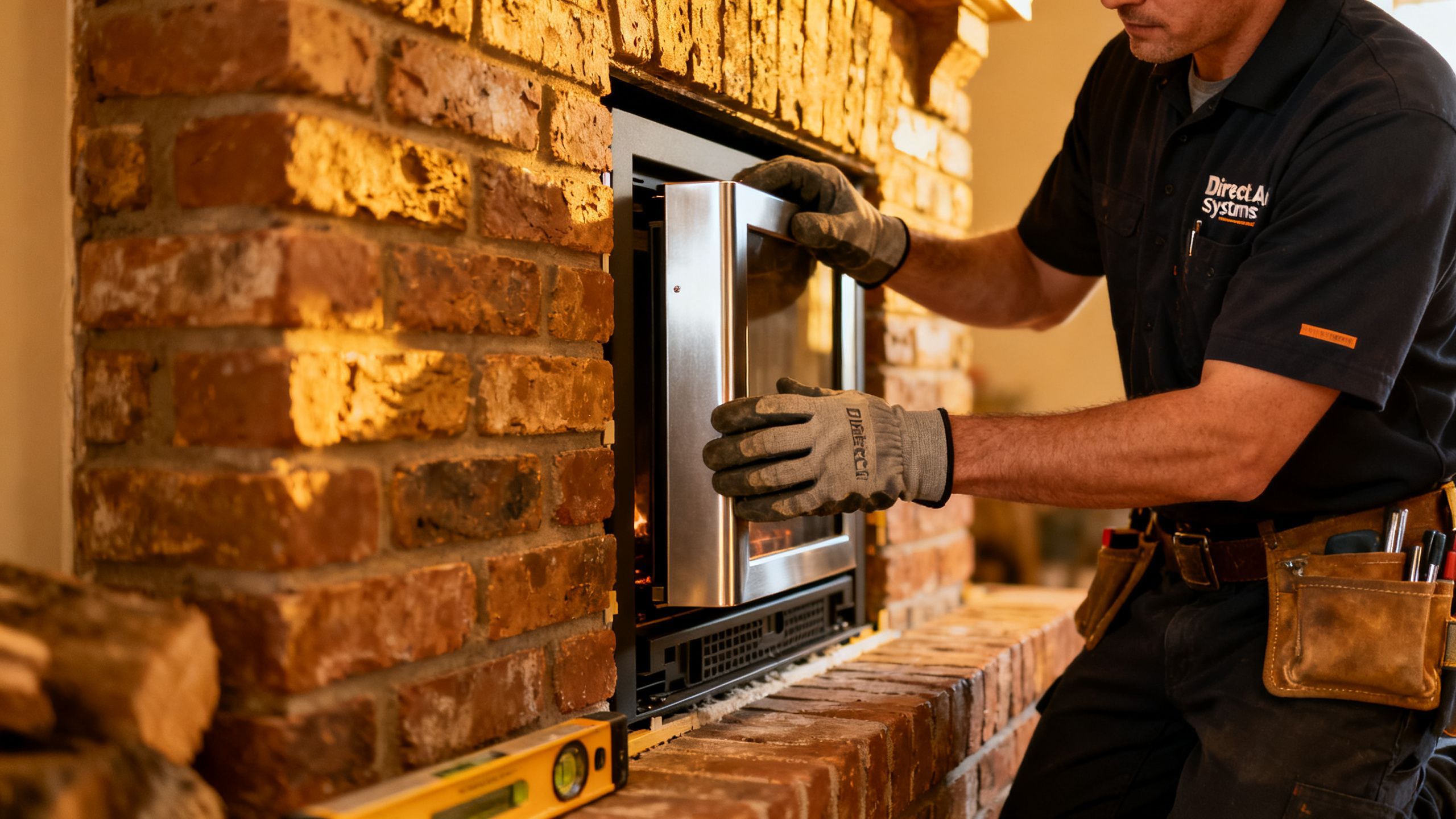 A professional technician in a Direct Air Systems uniform carefully fitting a new gas fireplace insert into a brick fireplace.