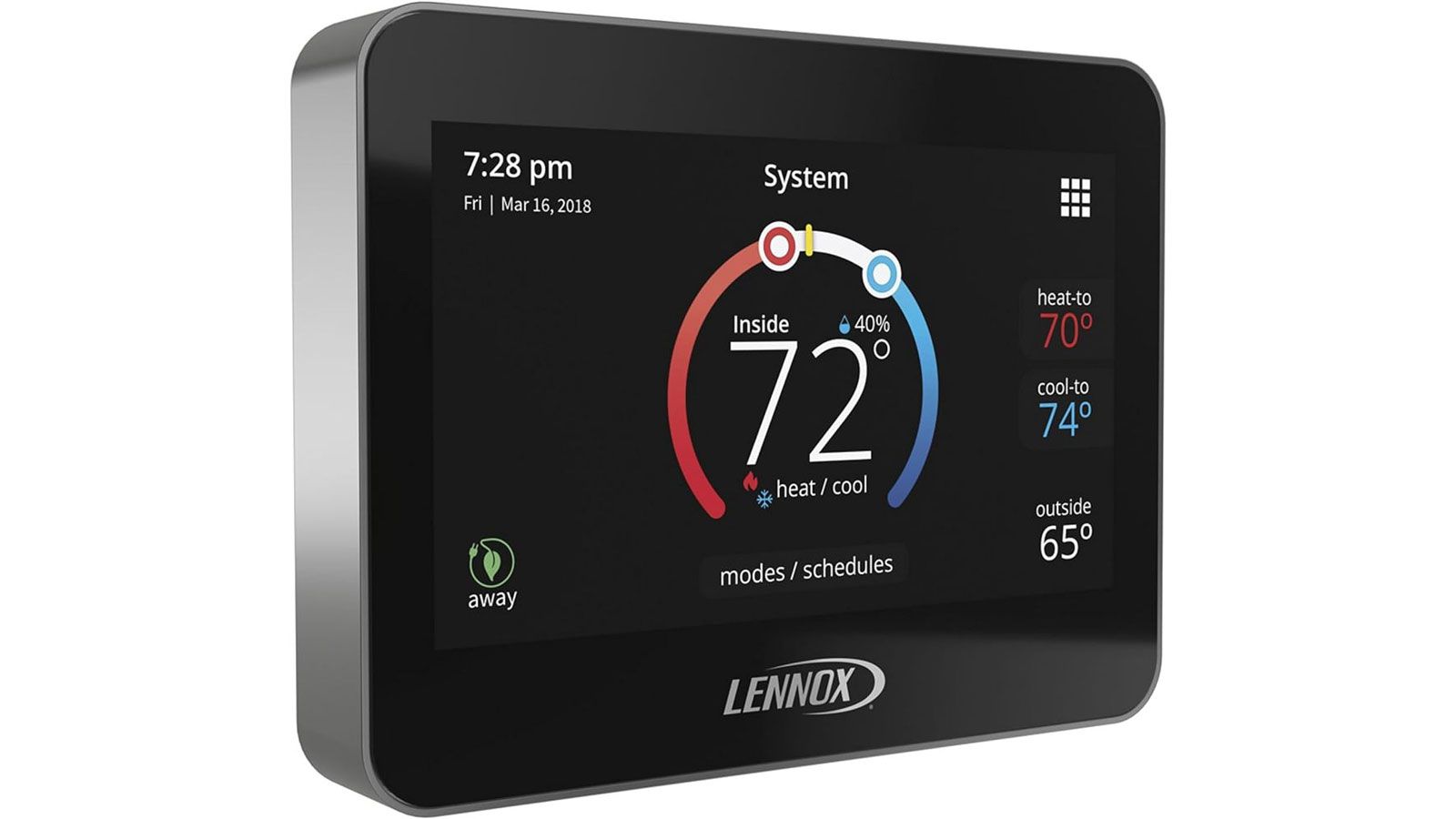 Lennox smart thermostat showing inside temperature of 72 degrees and 40% humidity.
