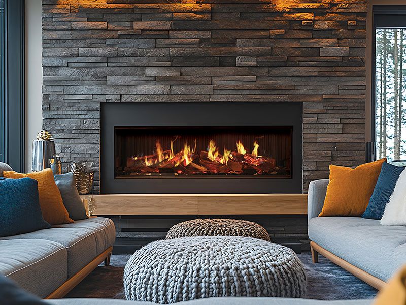 Modern living room with a modern stone DaVinci fireplace and comfortable seating.