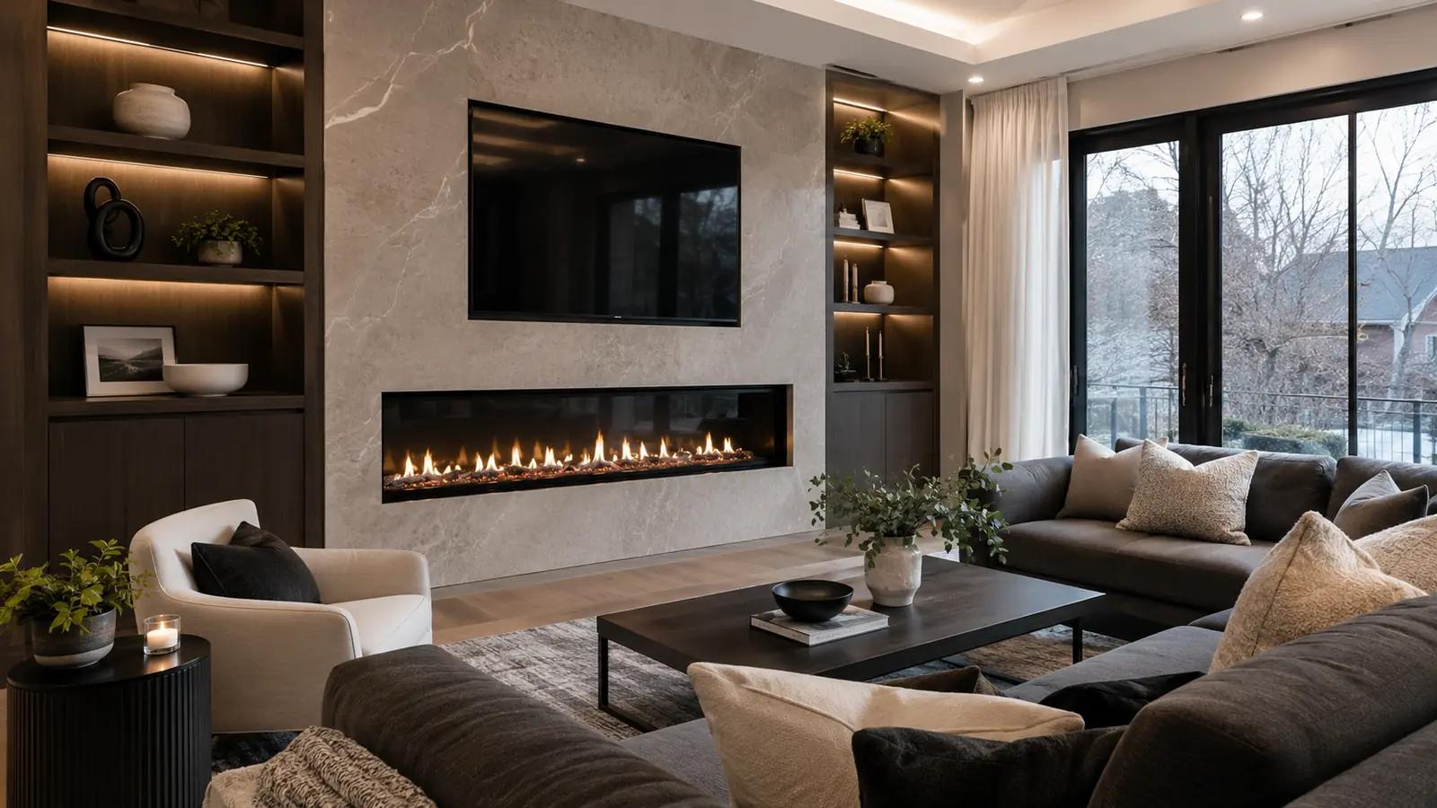 A sleek, linear built-in gas fireplace set into a contemporary feature wall in a living room.