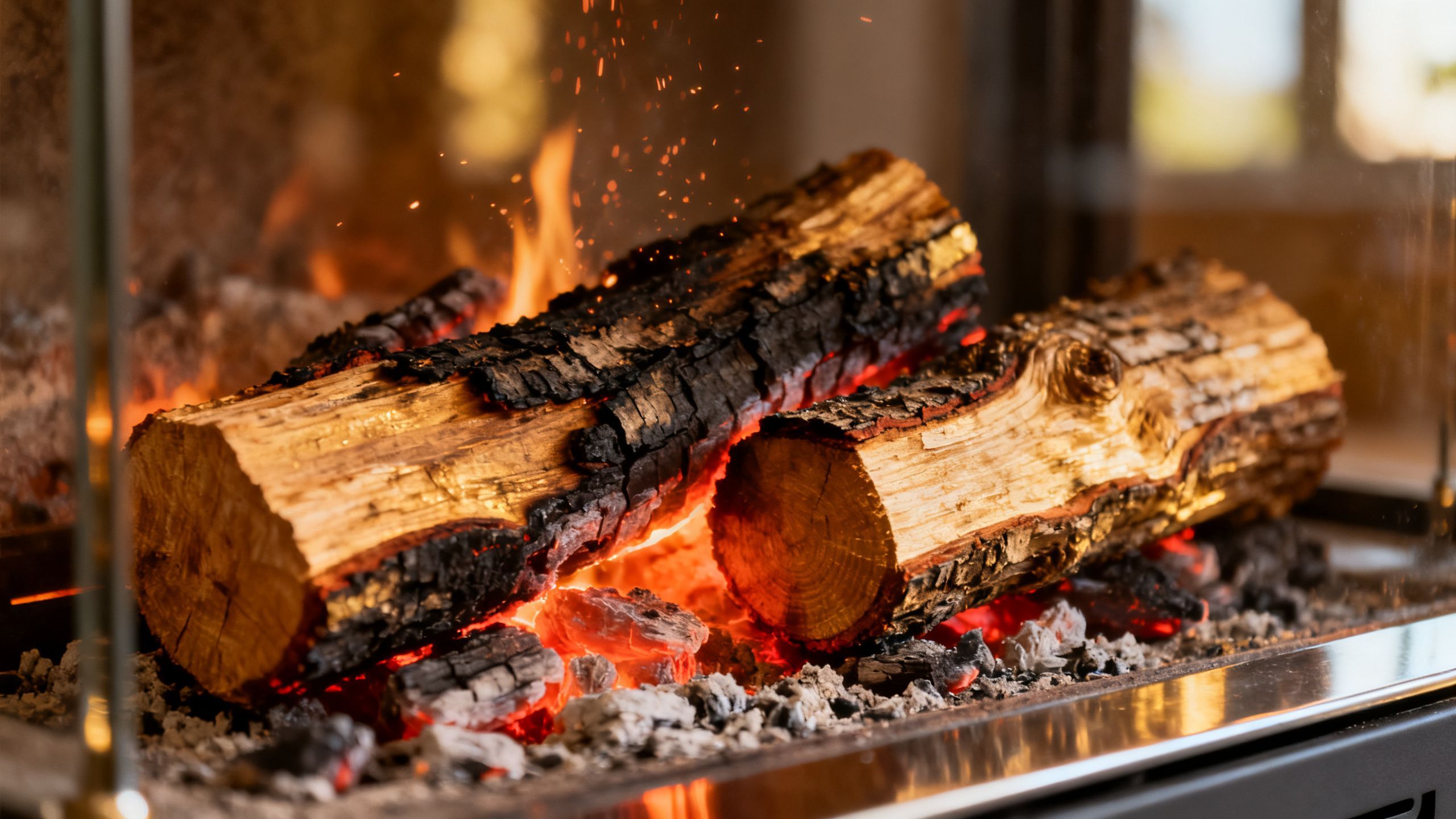 A close-up of the interior of a DaVinci fireplace, showing the realistic log set and glowing embers.