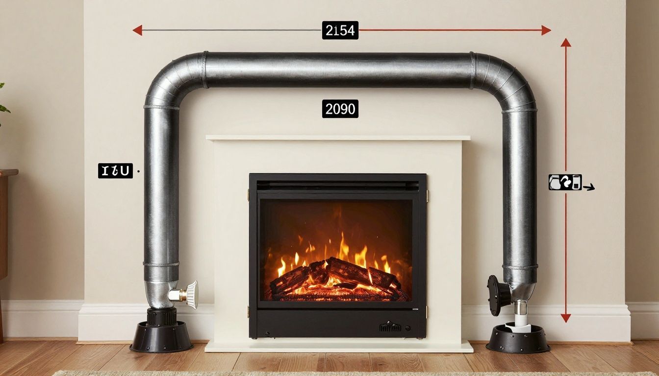 A detailed diagram showing the components of a direct vent gas fireplace installation, including the fireplace box, venting pipe, and termination cap.