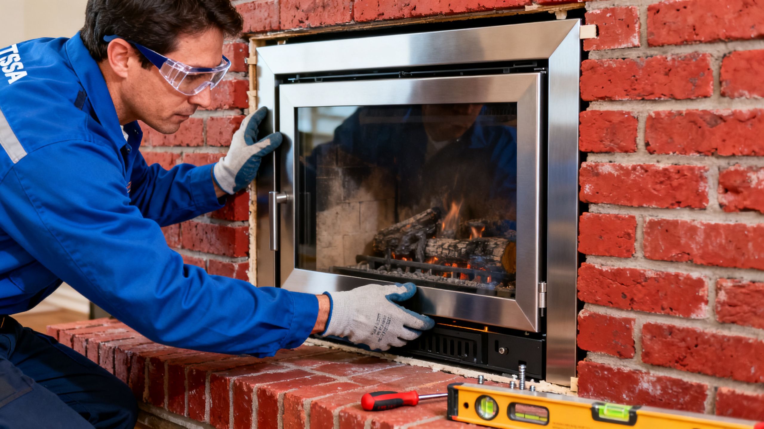 A professional TSSA-certified technician carefully installing a gas fireplace insert into a brick hearth.