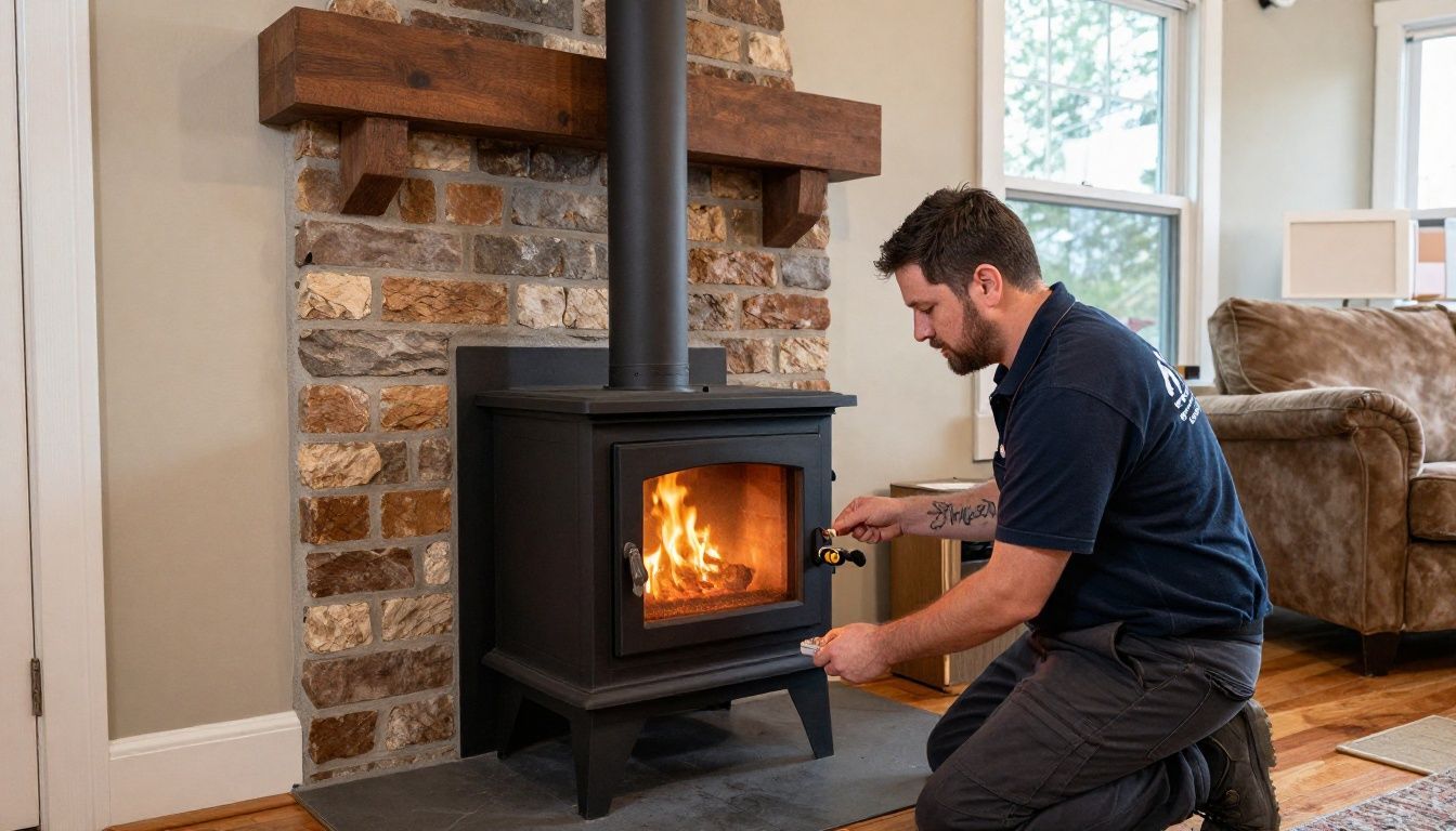 A certified technician from Direct Air Systems carefully installing a chimney pipe for a wood stove in a suburban home.