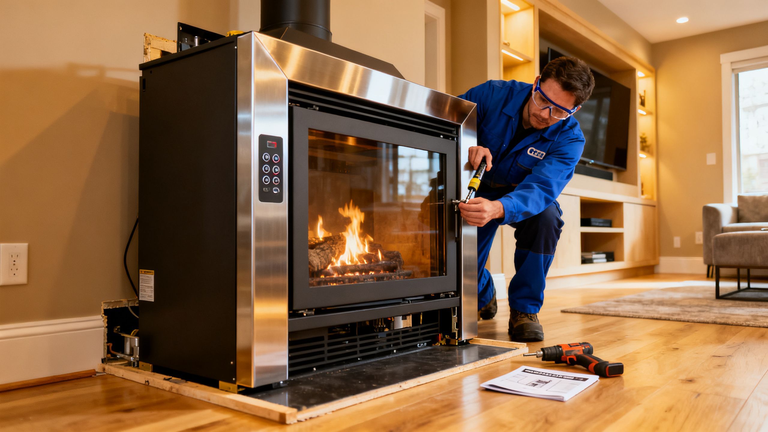 Technician installing a modern gas fireplace in a GTA home