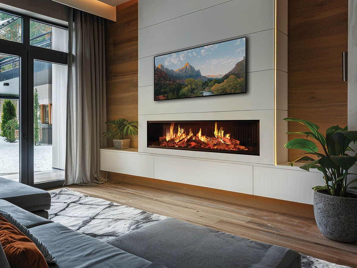 Modern living room with a modern DaVinci fireplace, TV, and large window.