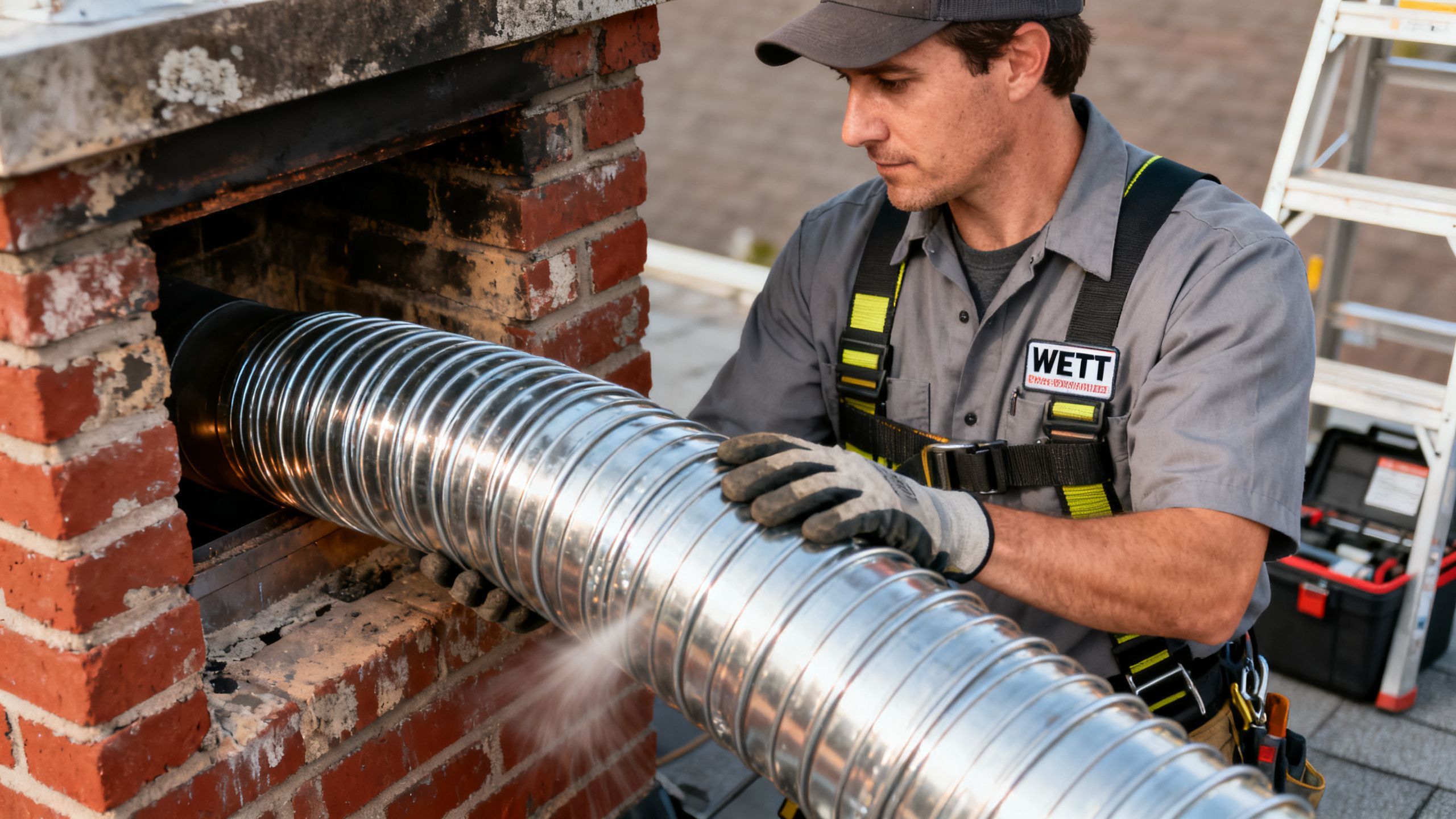 A WETT-certified technician carefully installing a stainless steel chimney liner into a masonry chimney.