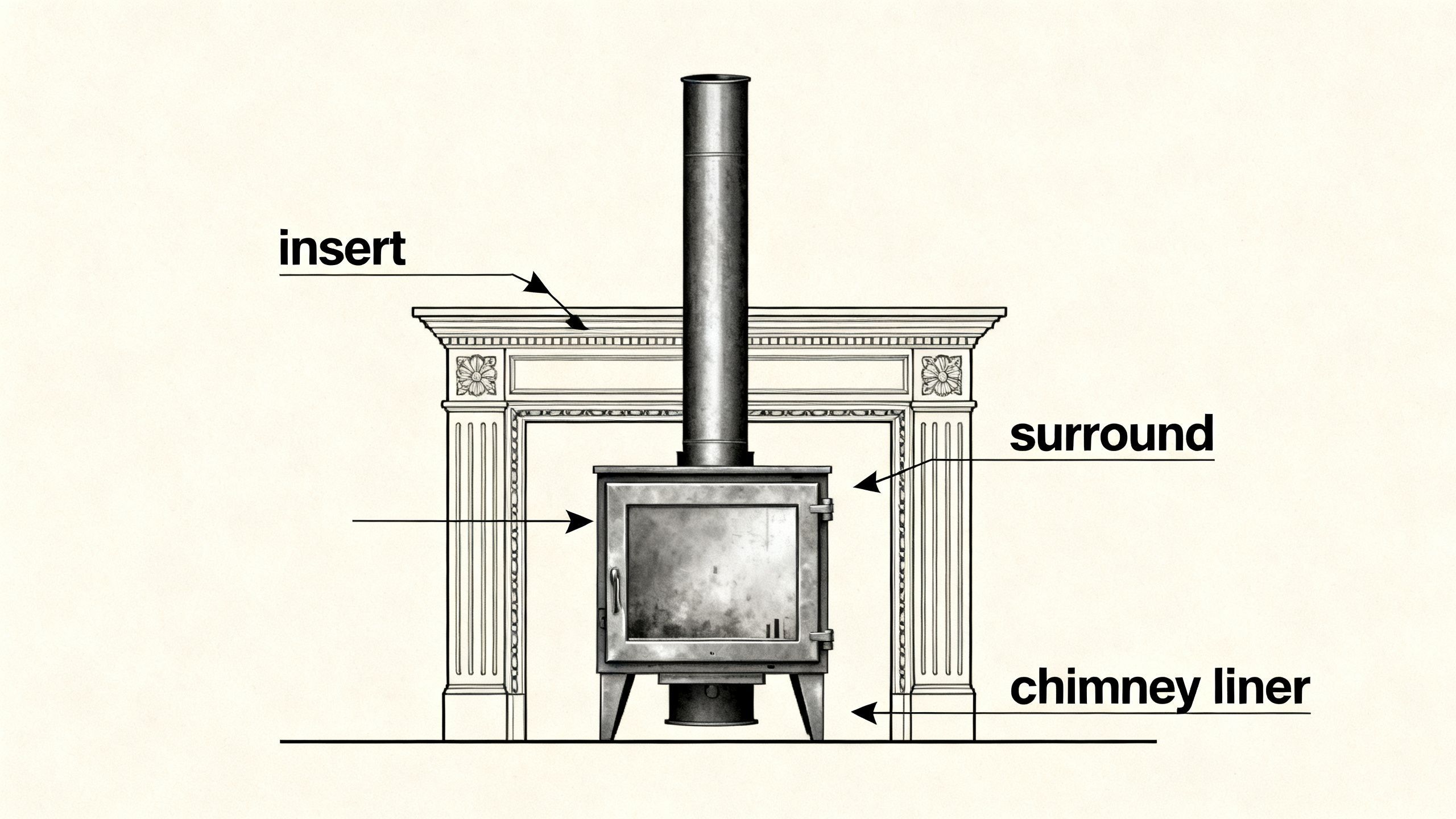 A diagram illustrating the key components of a wood-burning fireplace insert installation, including the insert, surround, and chimney liner.