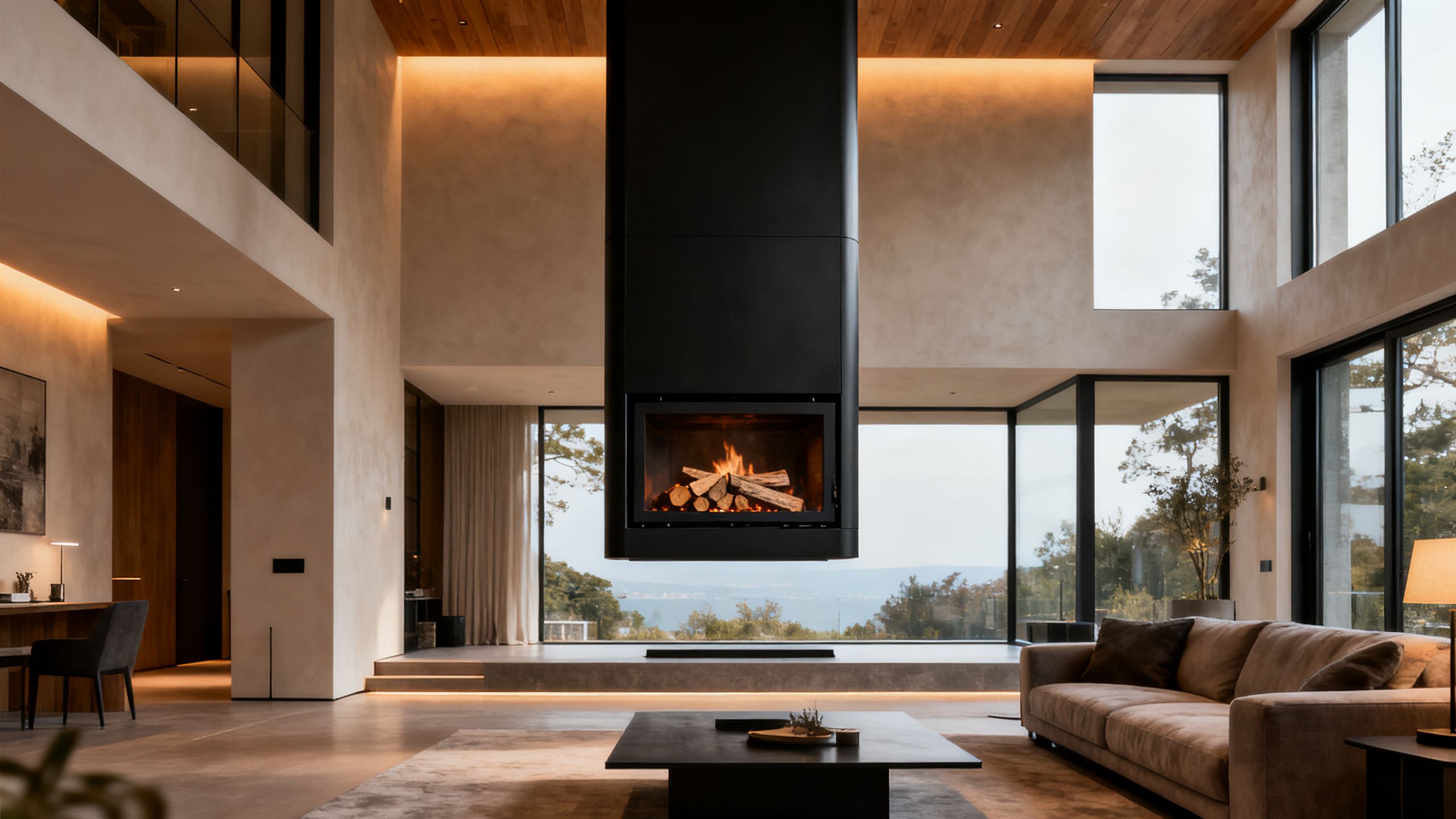 A sleek, black, wood-burning suspended fireplace hanging in the centre of a modern living room with high ceilings and large windows.