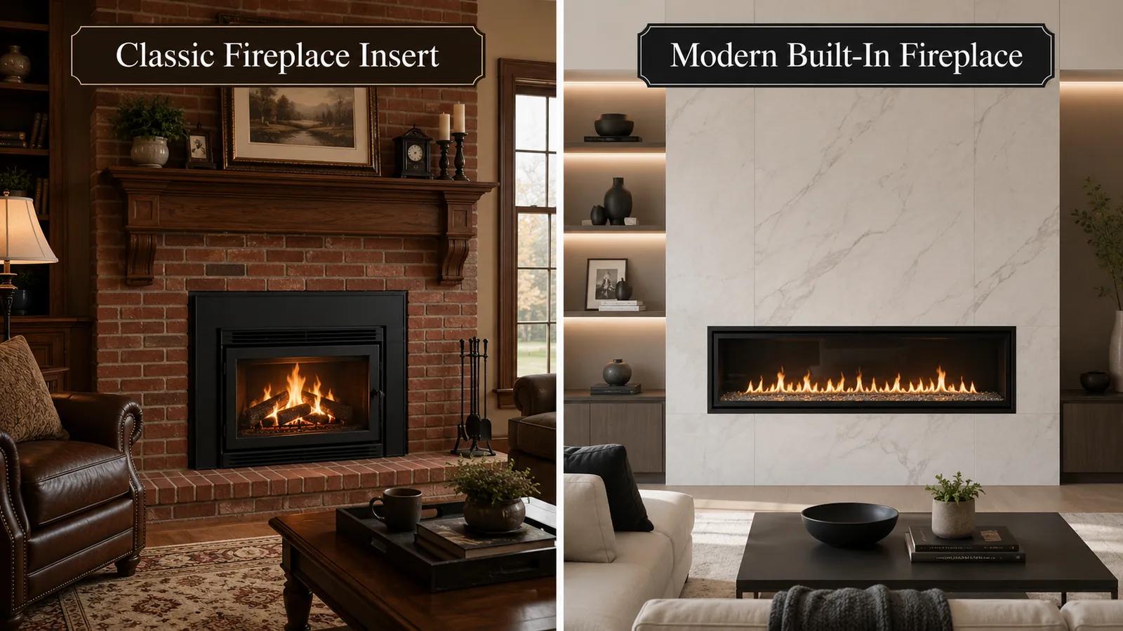 Split image comparing a classic brick fireplace insert and a modern built-in fireplace.