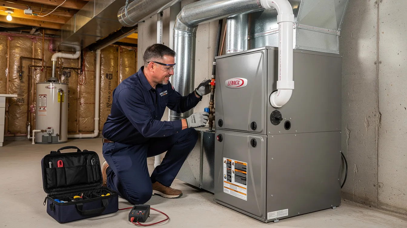 A Direct Air Systems technician is seen installing a new high-efficiency Lennox gas furnace in a GTA homeowner's residence, ensuring optimal furnace efficiency and potential energy savings. The technician is focused on the installation process, which aims to improve indoor air quality and reduce heating bills for the homeowner.