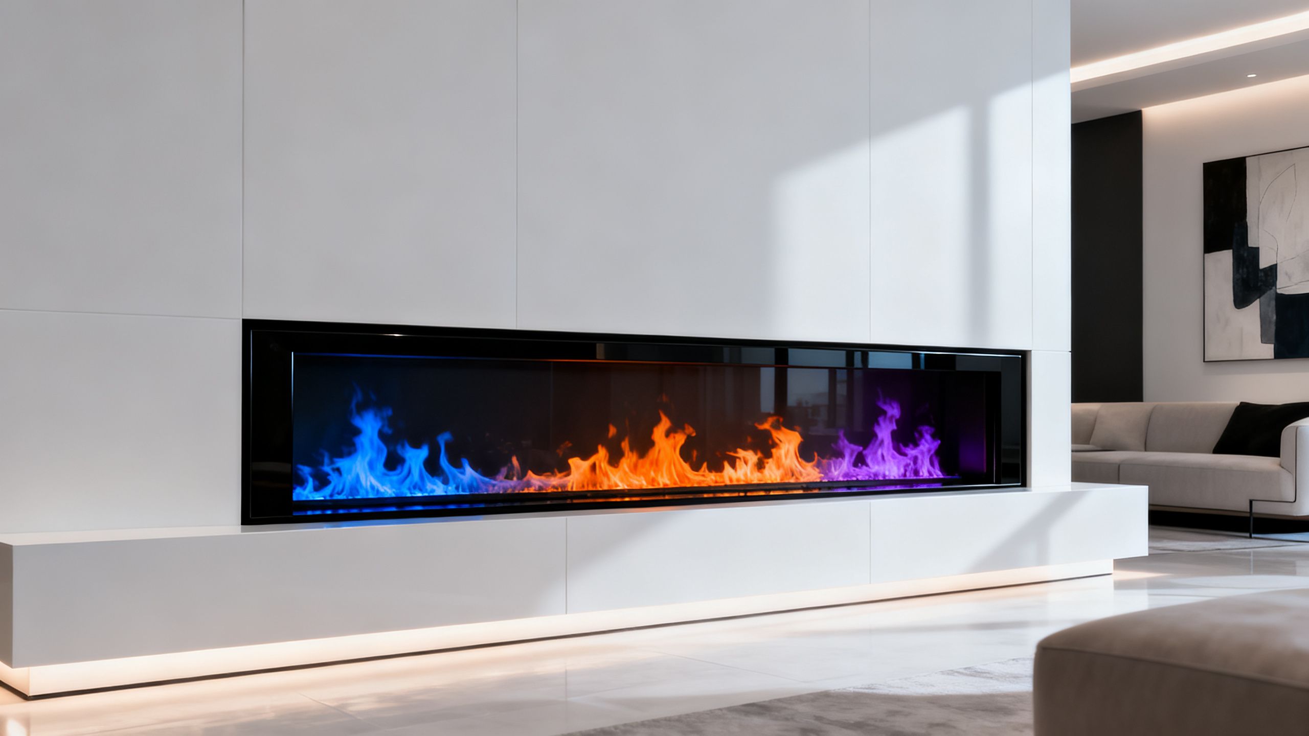 Electric fireplace with colour-changing LED flames in a modern home