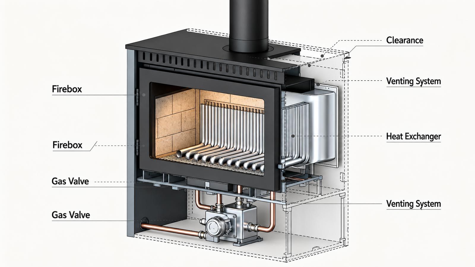 Cutaway diagram of a wood-burning stove showing firebox, heat exchanger, and venting system.