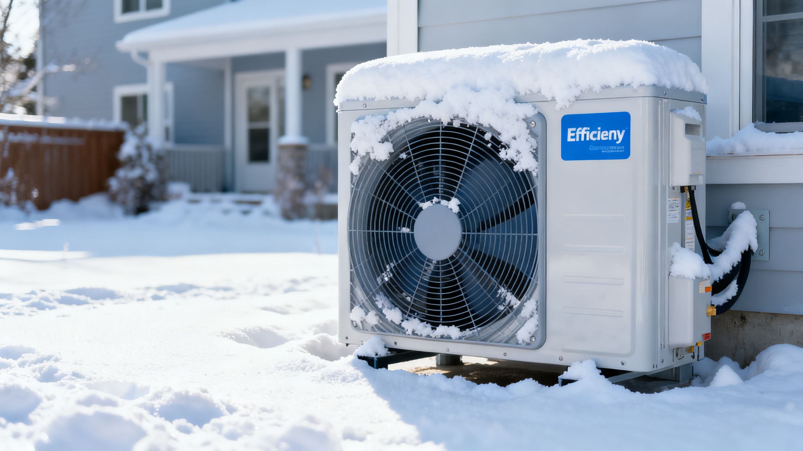 A snow-covered high-efficiency heat pump unit outside a Canadian home, operating without being obstructed by the snow.