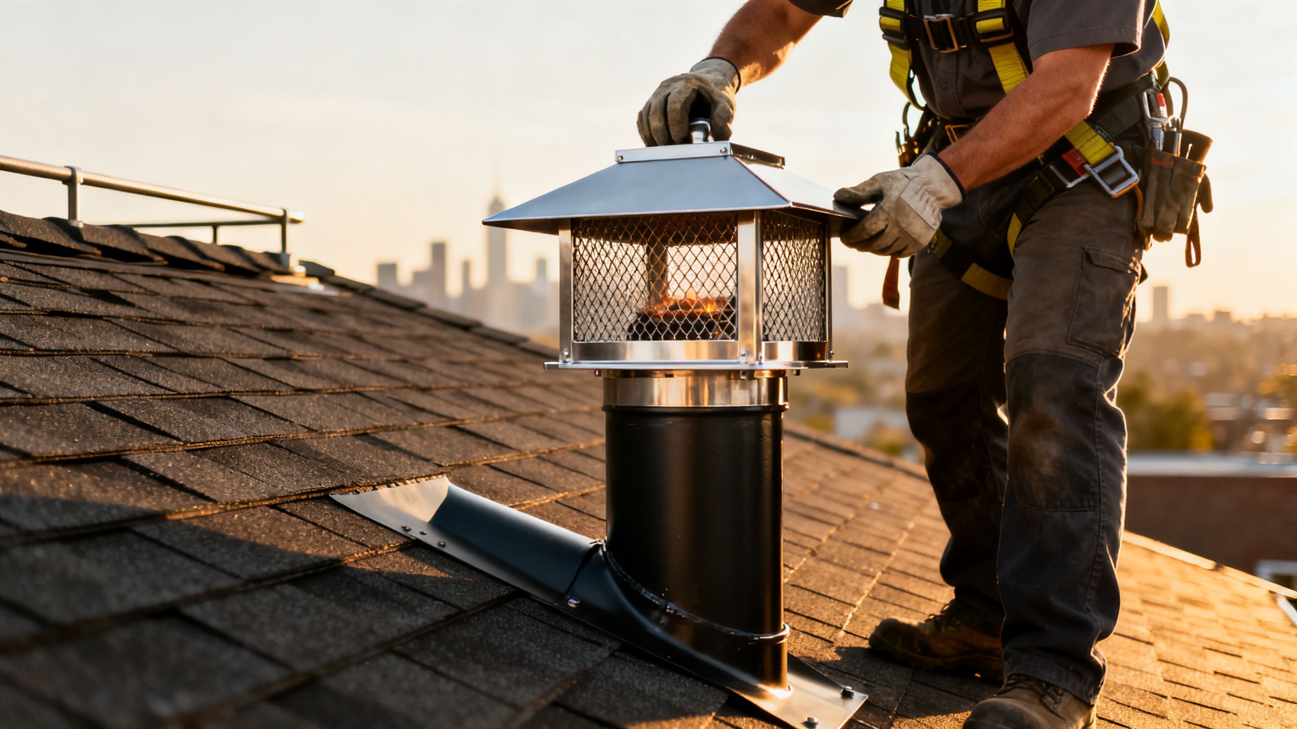 A view from the rooftop showing a technician installing a new chimney cap and venting for a gas fireplace insert.