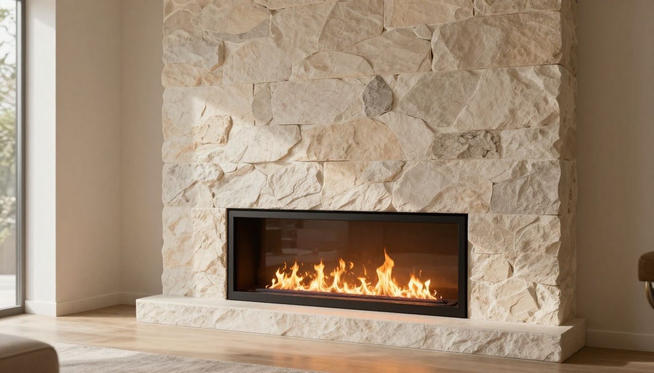 A modern fireplace with a stone facade and a glass-enclosed fire.