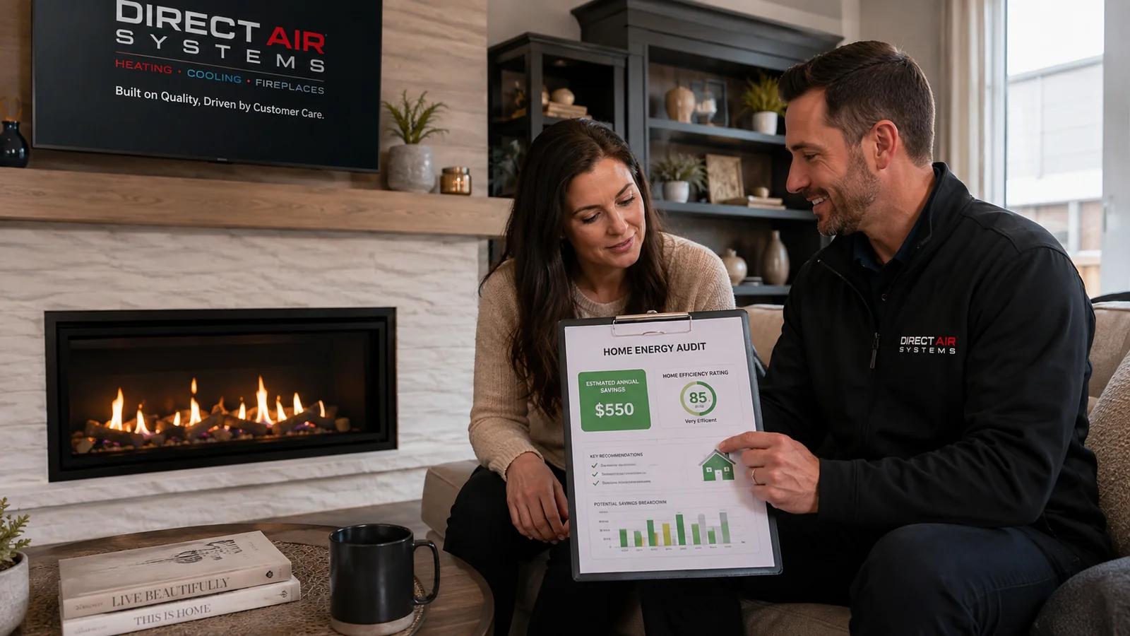 A Direct Air Systems representative reviews a home energy audit with a client.