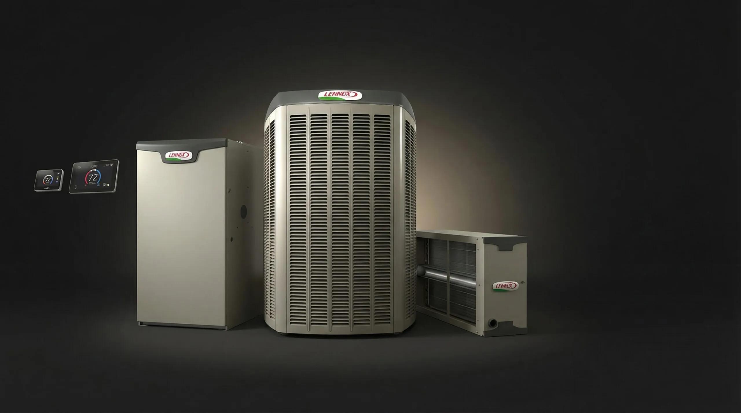 Lennox HVAC system components including a furnace, air conditioner, and air handler.