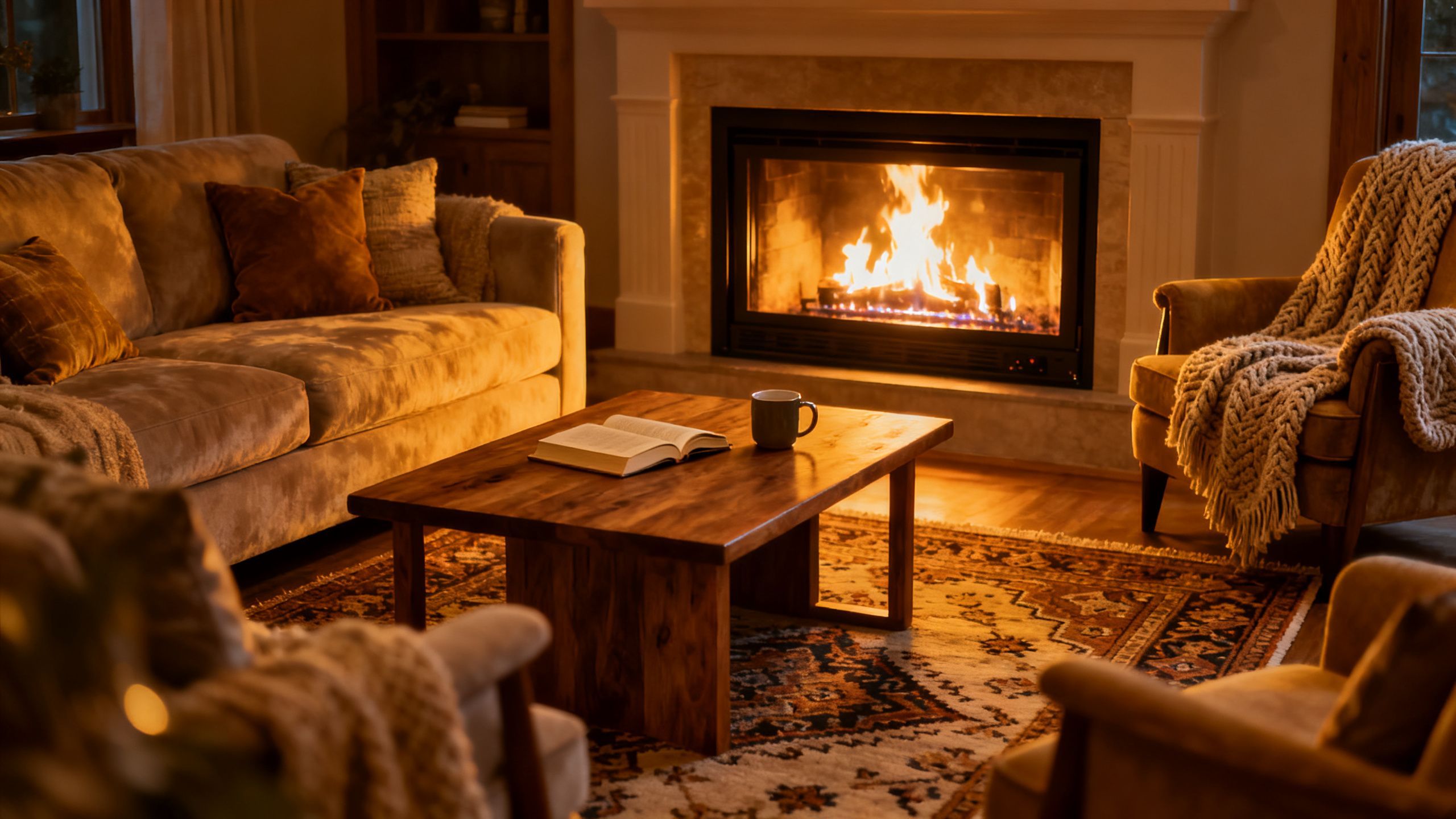 A cozy family living room with a gas fireplace insert running, casting a warm glow on the room.
