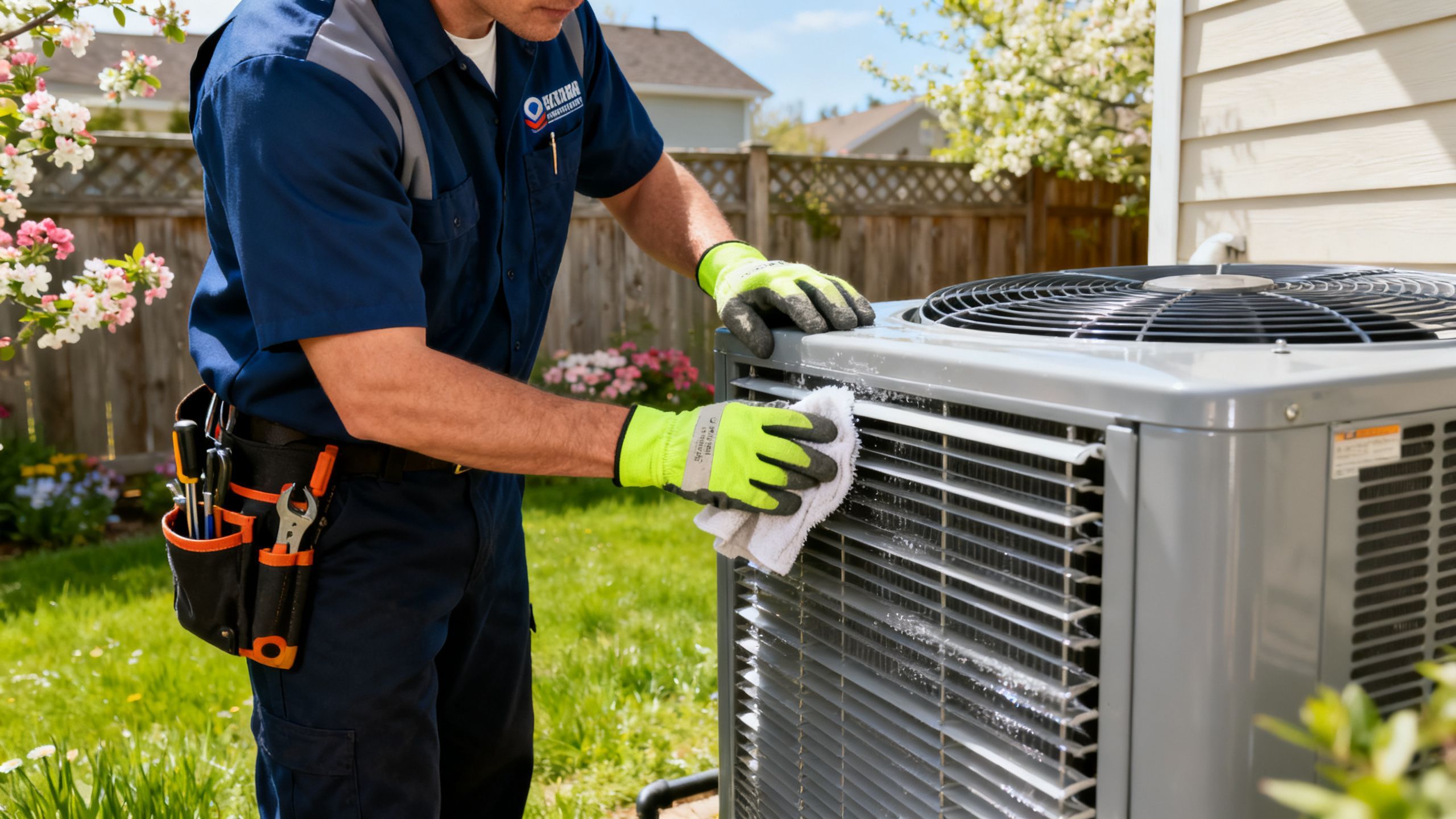 A technician in a company uniform carefully cleaning an outdoor air conditioner unit in a suburban backyard during spring.