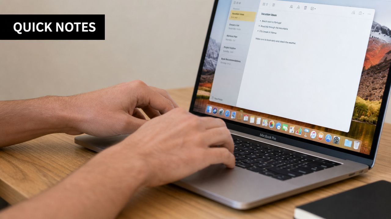 A person typing on a MacBook Pro laptop screen displaying a note-taking application.