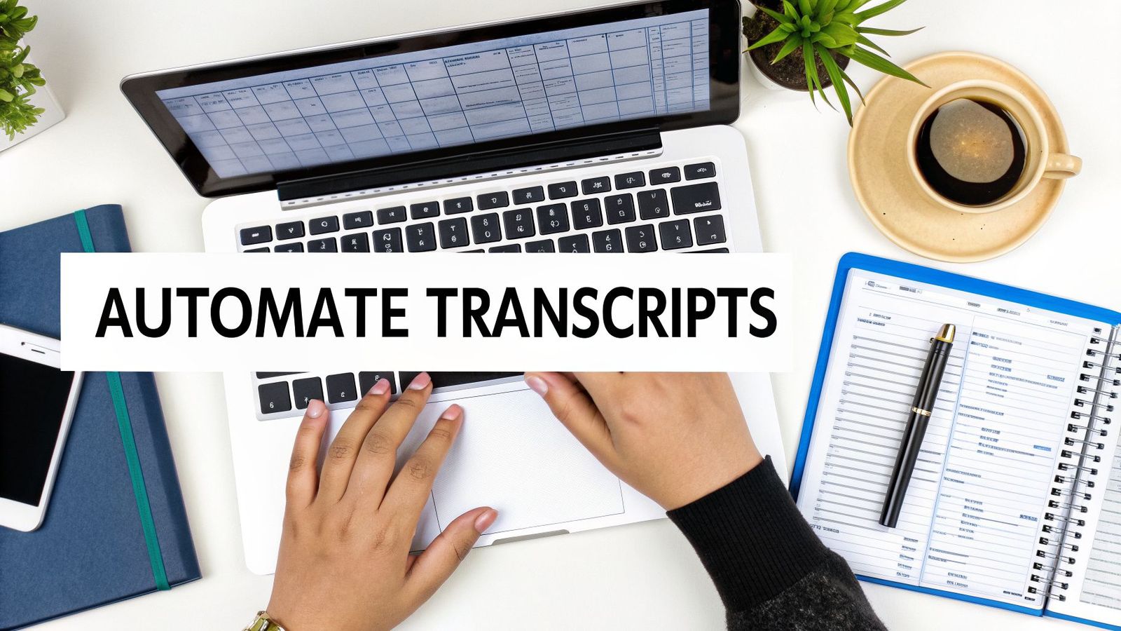 Overhead view of a person typing on a laptop, with 'AUTOMATE TRANSCRIPTS' text, on a modern white desk.