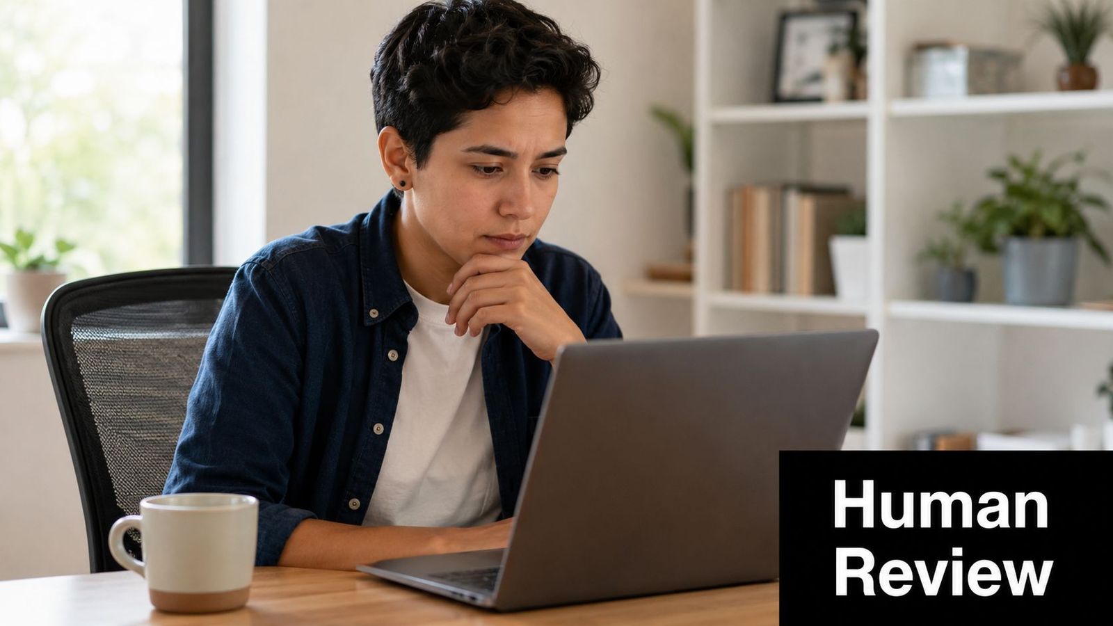 A person with short hair sitting at a desk and thinking while working on their laptop.
