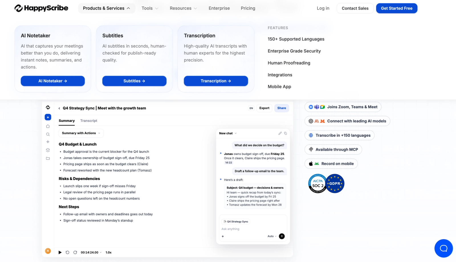 HappyScribe (best AI transcription for subtitles and localization)