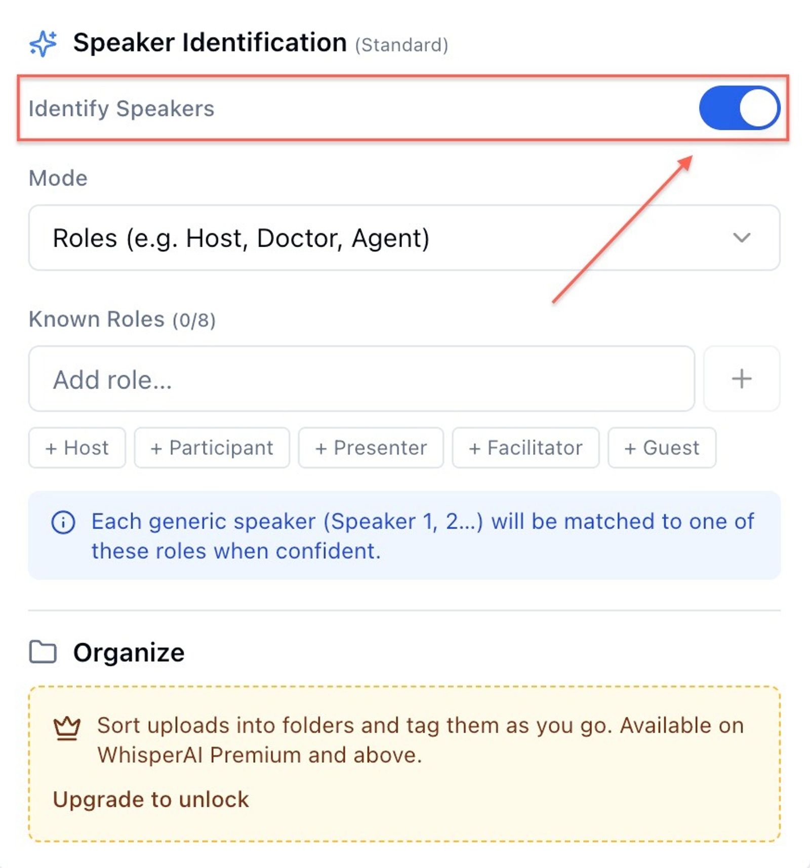 WhisperAI speaker identification settings