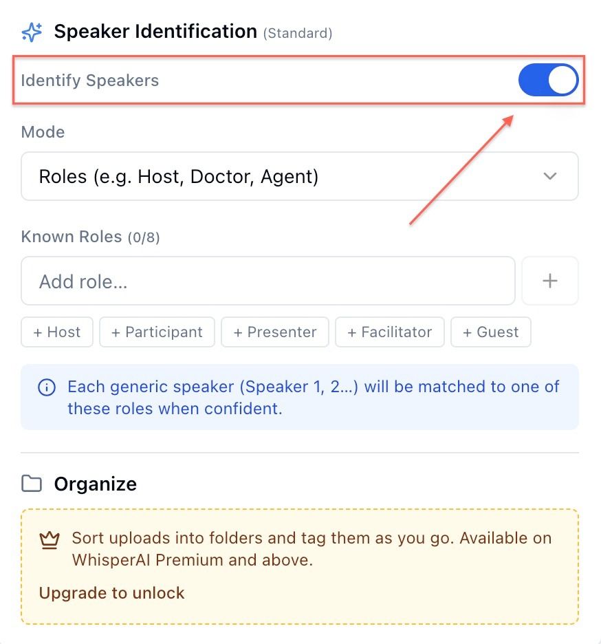 WhisperAI speaker identification settings