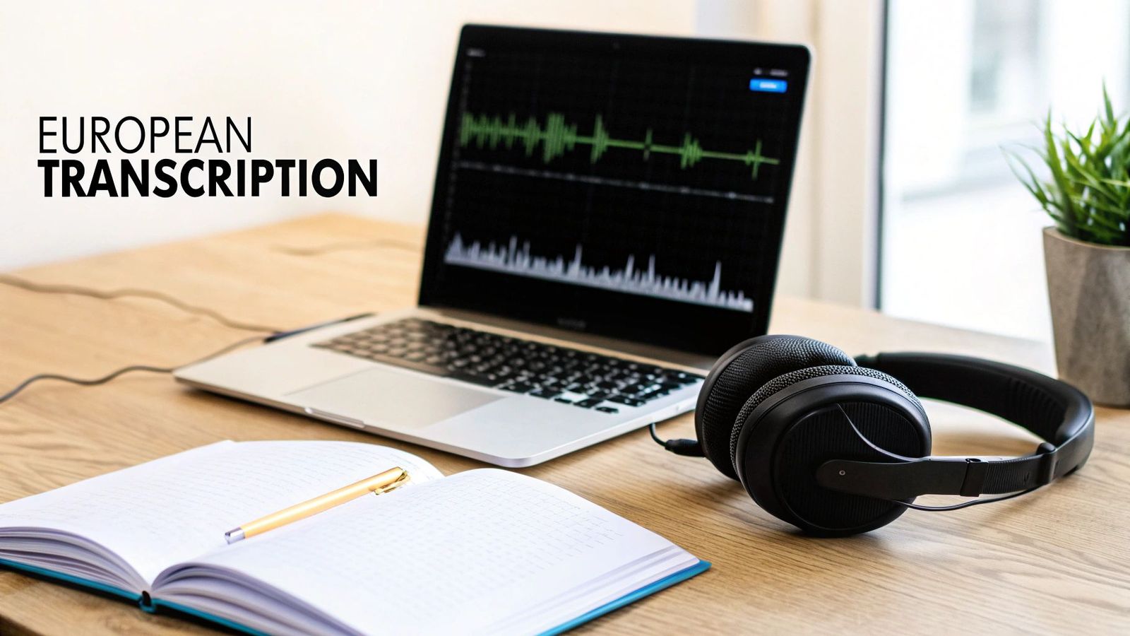 A desk setup with a laptop displaying audio waveforms, headphones, a notebook, and a pen for transcription.