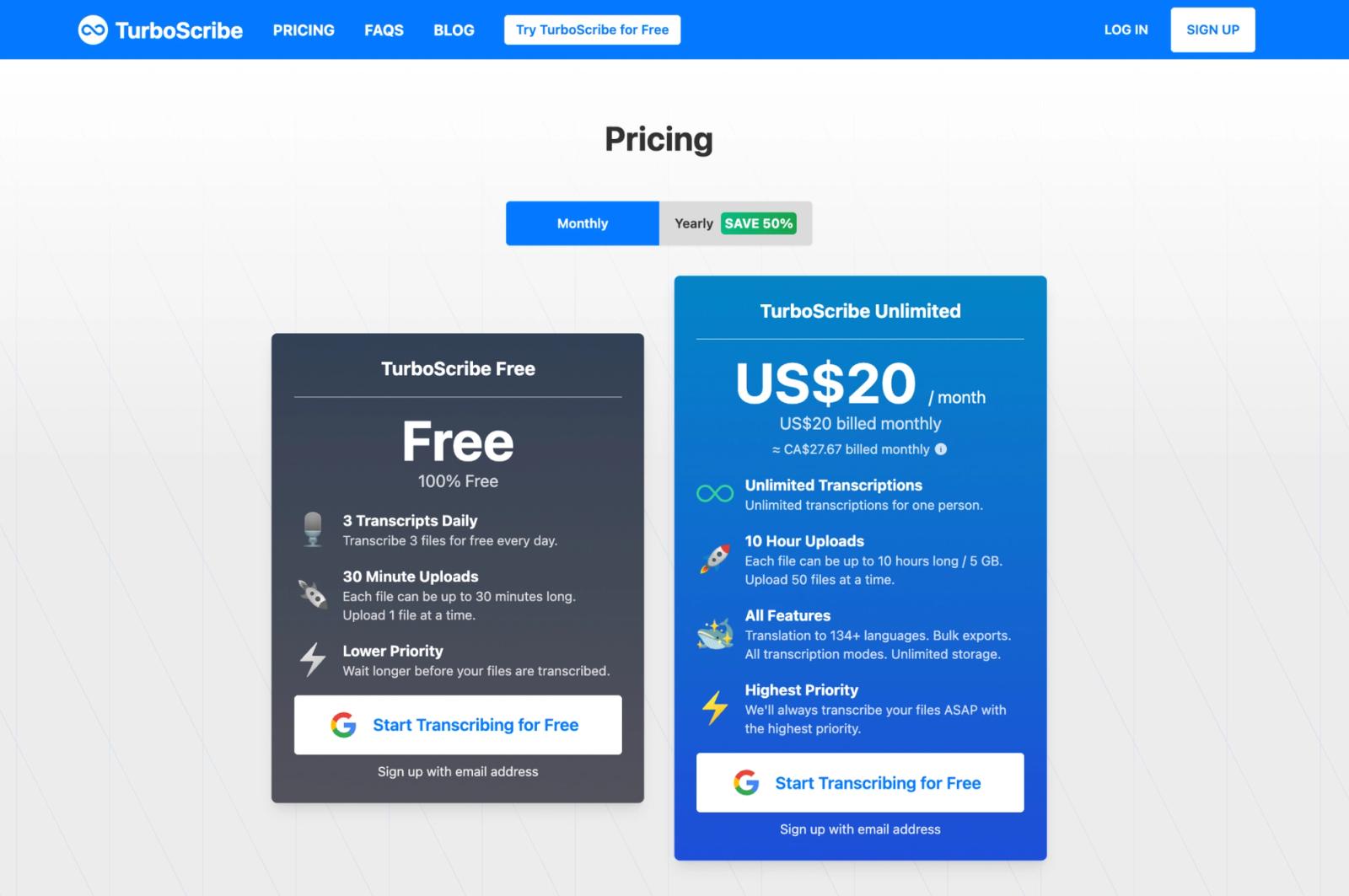 TurboScribe Pricing