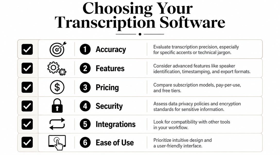 A checklist infographic detailing six key factors to consider when choosing transcription software for your business.
