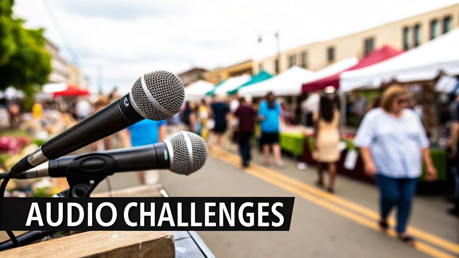 Two microphones on a stand with 'AUDIO CHALLENGES' text and a blurred outdoor market background.