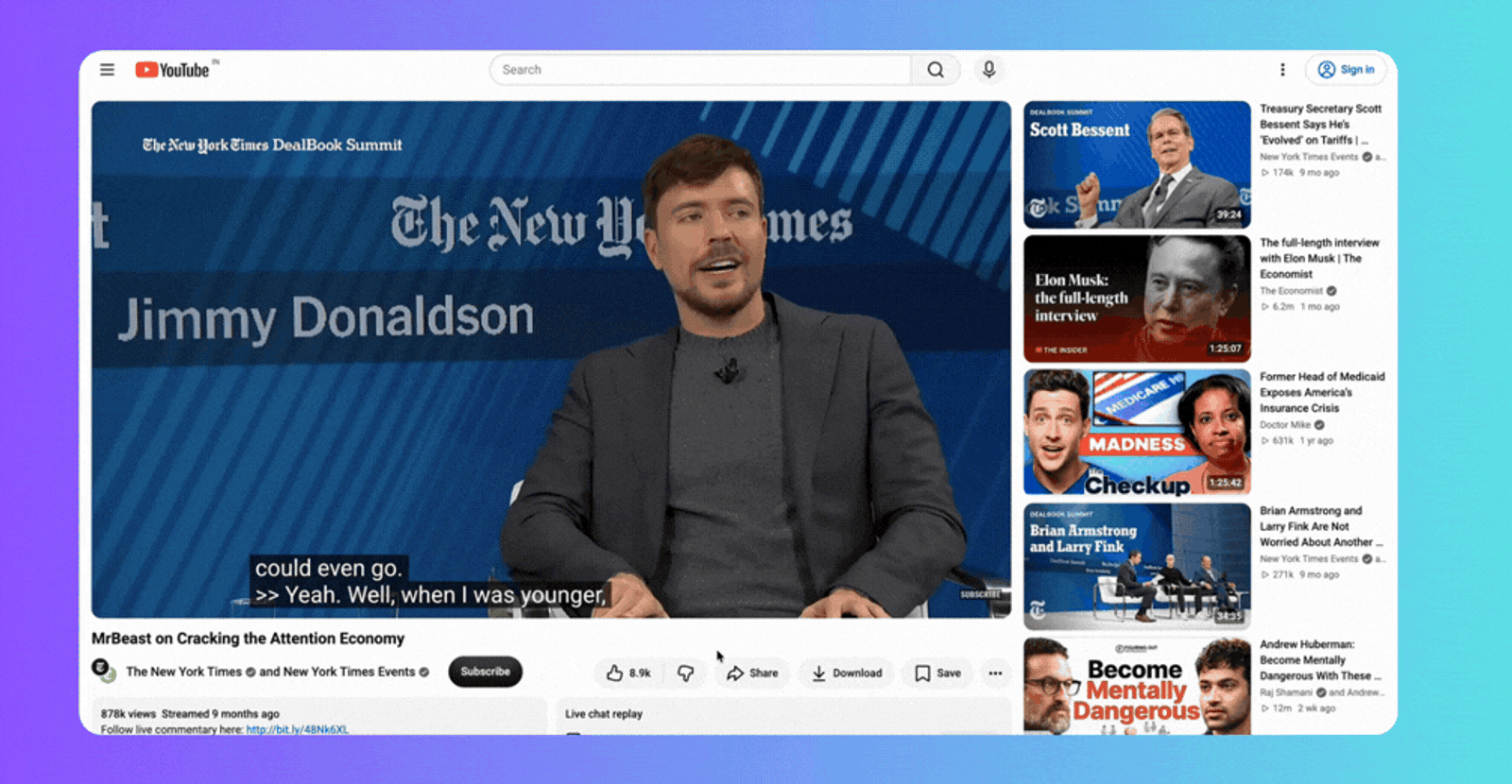 YouTube desktop page showing where to expand the description and open the transcript