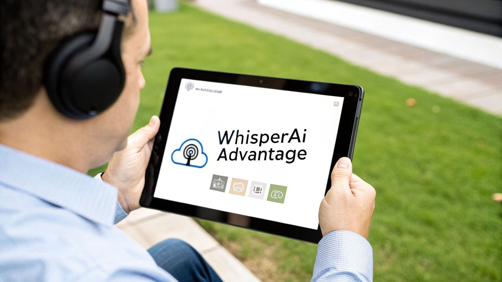 A man wearing headphones uses a tablet displaying "WhisperAi Advantage" with a cloud logo outdoors.