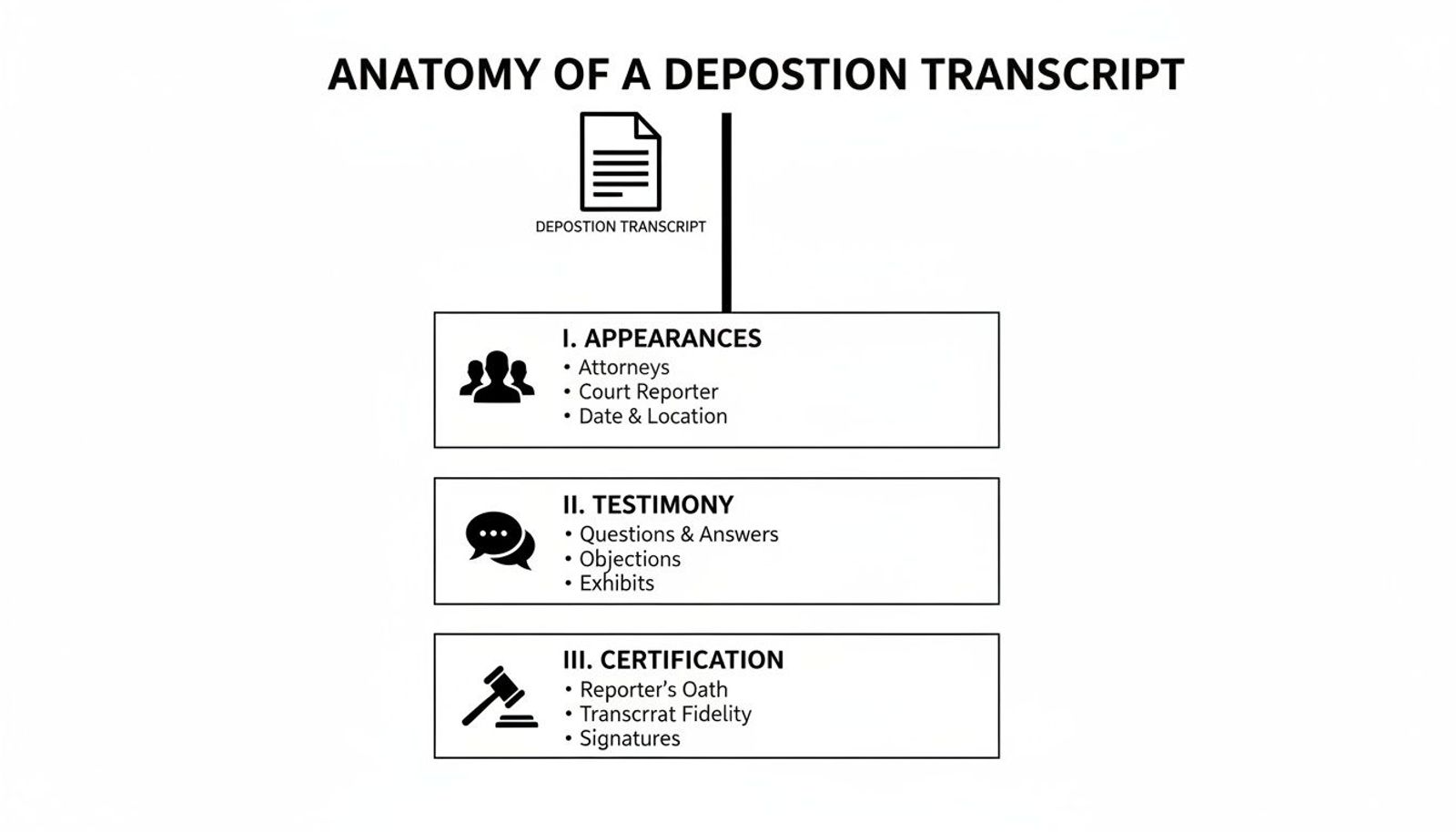 A detailed diagram illustrating the anatomy of a deposition transcript, broken into appearances, testimony, and certification sections.