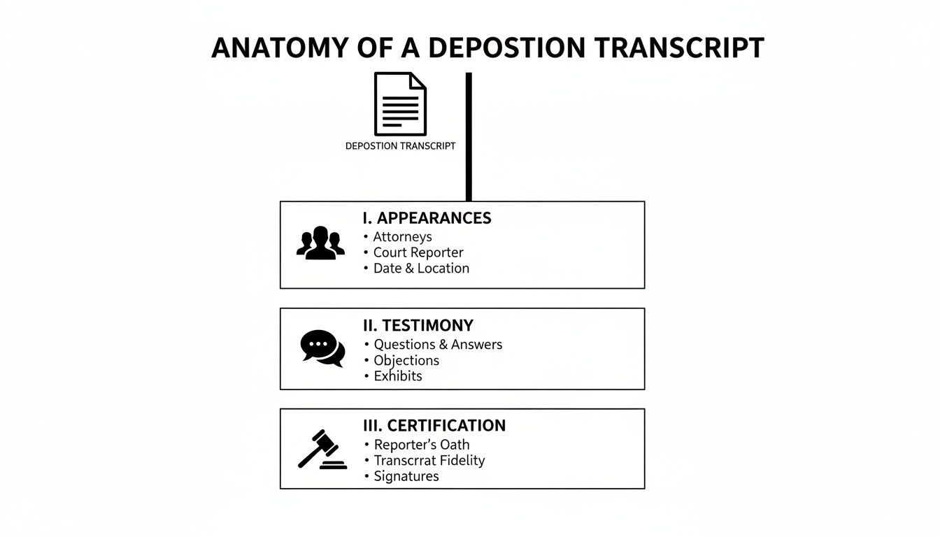 A detailed diagram illustrating the anatomy of a deposition transcript, broken into appearances, testimony, and certification sections.