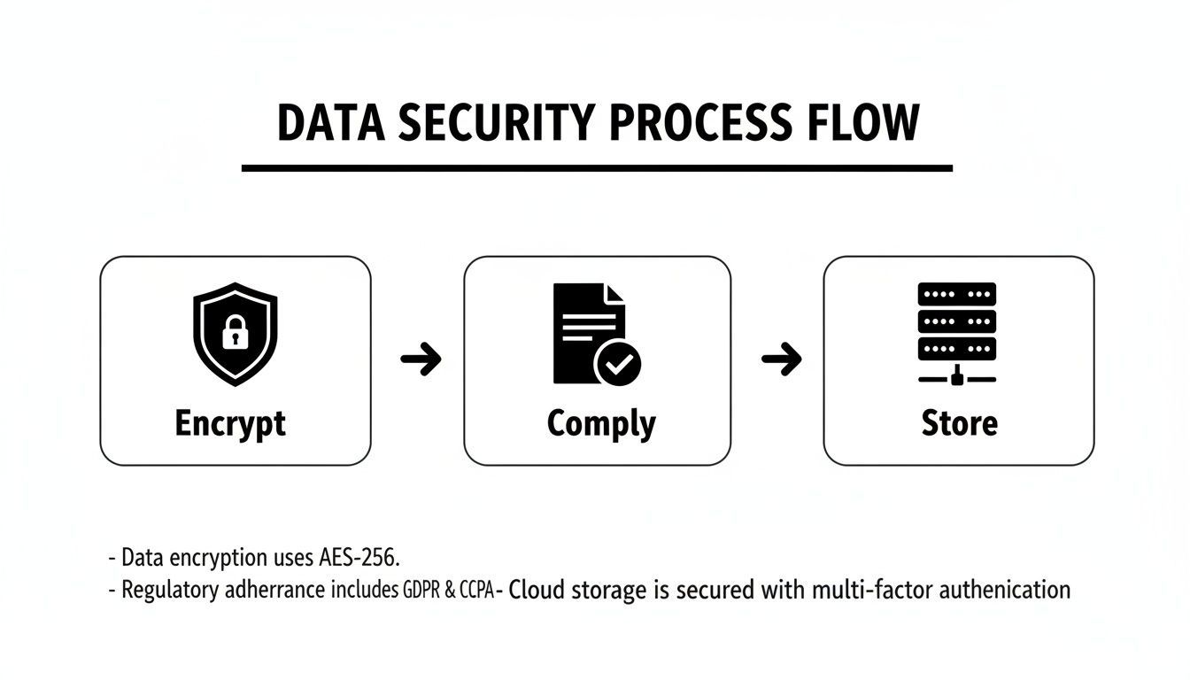 A data security process flow diagram showing steps: Encrypt, Comply, and Store, with security details.