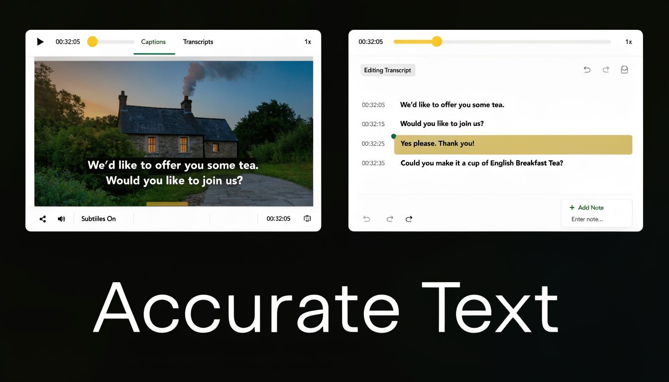 A split screen showing a video player interface and a transcript editing tool for zoom recordings.