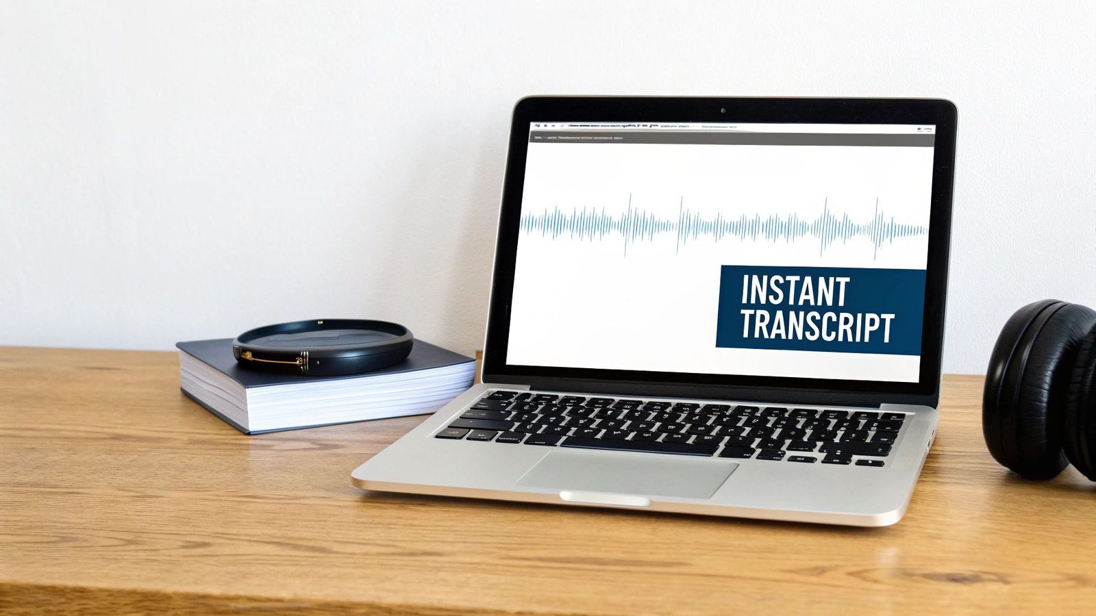 Laptop displaying audio waveform and instant transcript text on screen with headphones nearby