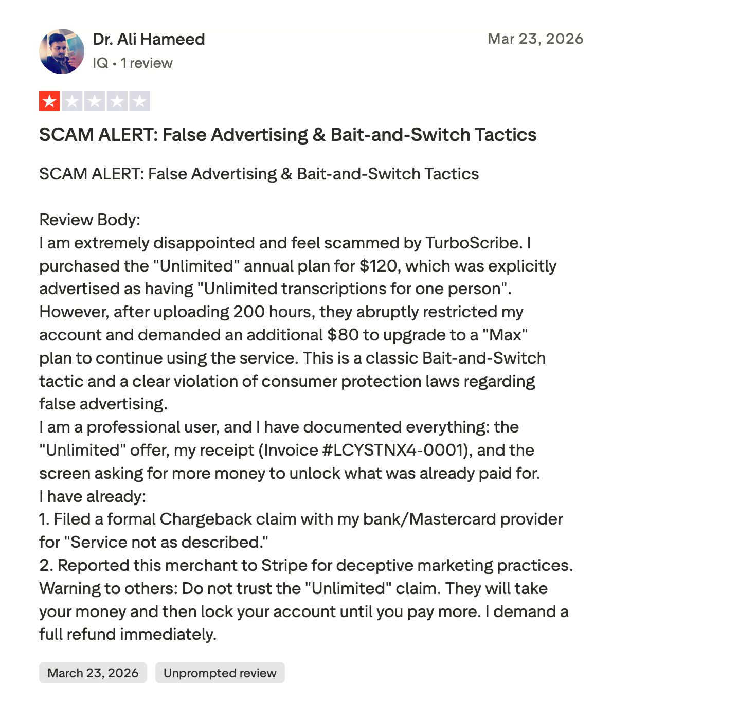 TurboScribe review about a $120 plan restricted after 200 hours