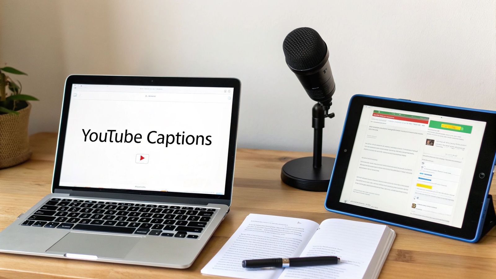Laptop displaying YouTube Captions with microphone, tablet, and notebook on wooden desk workspace