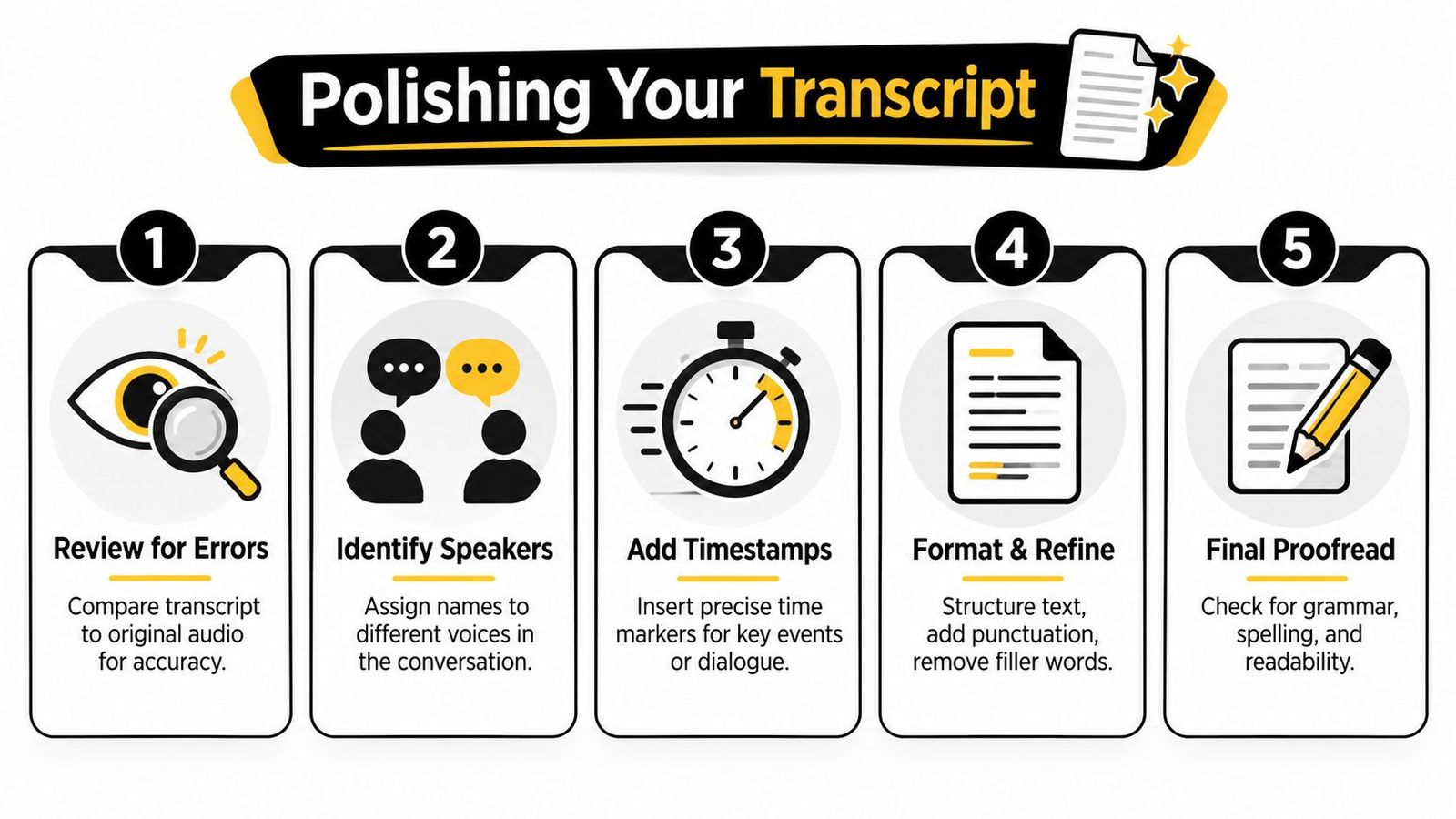 An infographic showing five essential steps for polishing a transcript for better accuracy and readability.