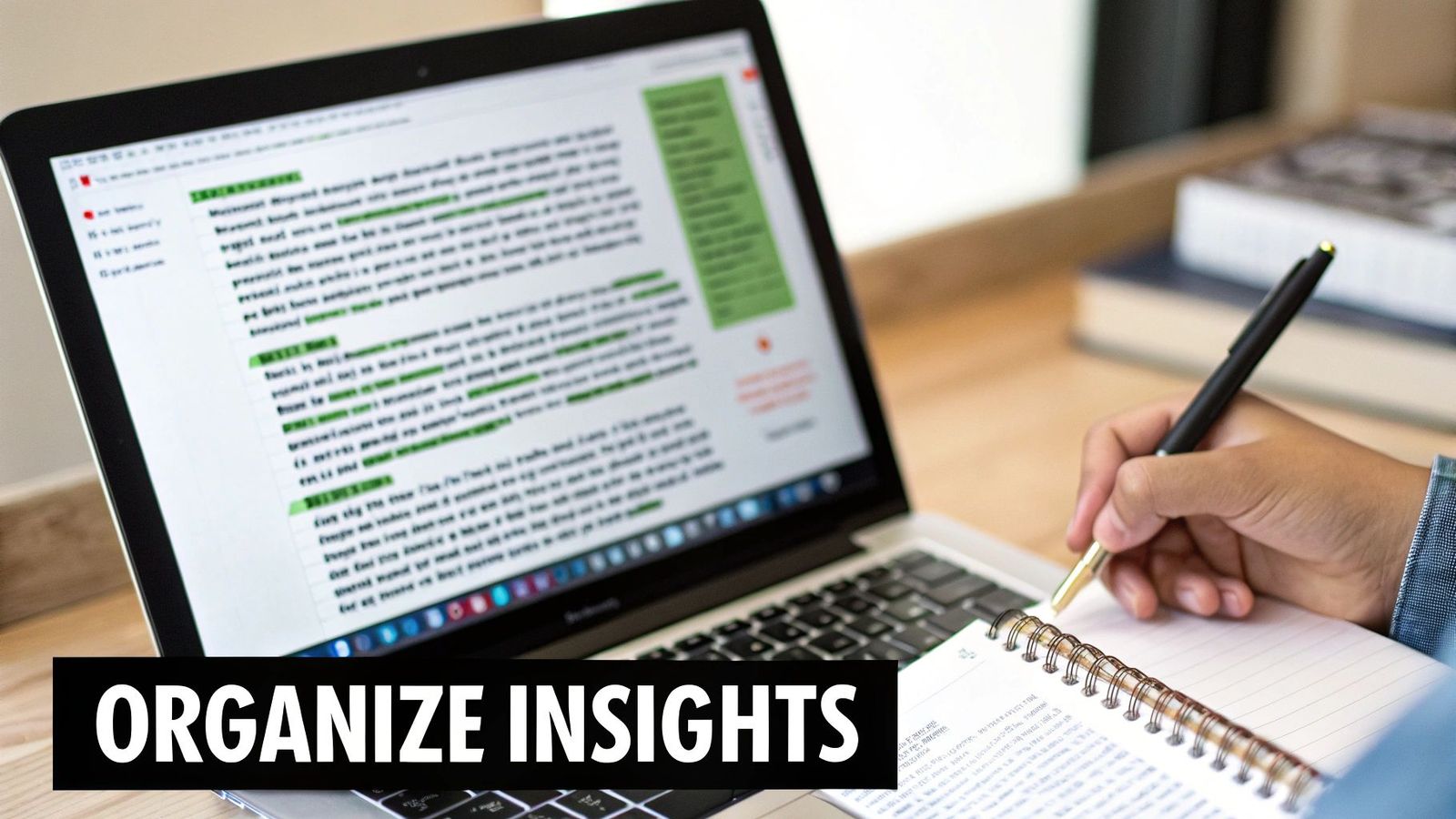 A person taking notes in a spiral notebook with a pen, next to a laptop showing highlighted text.