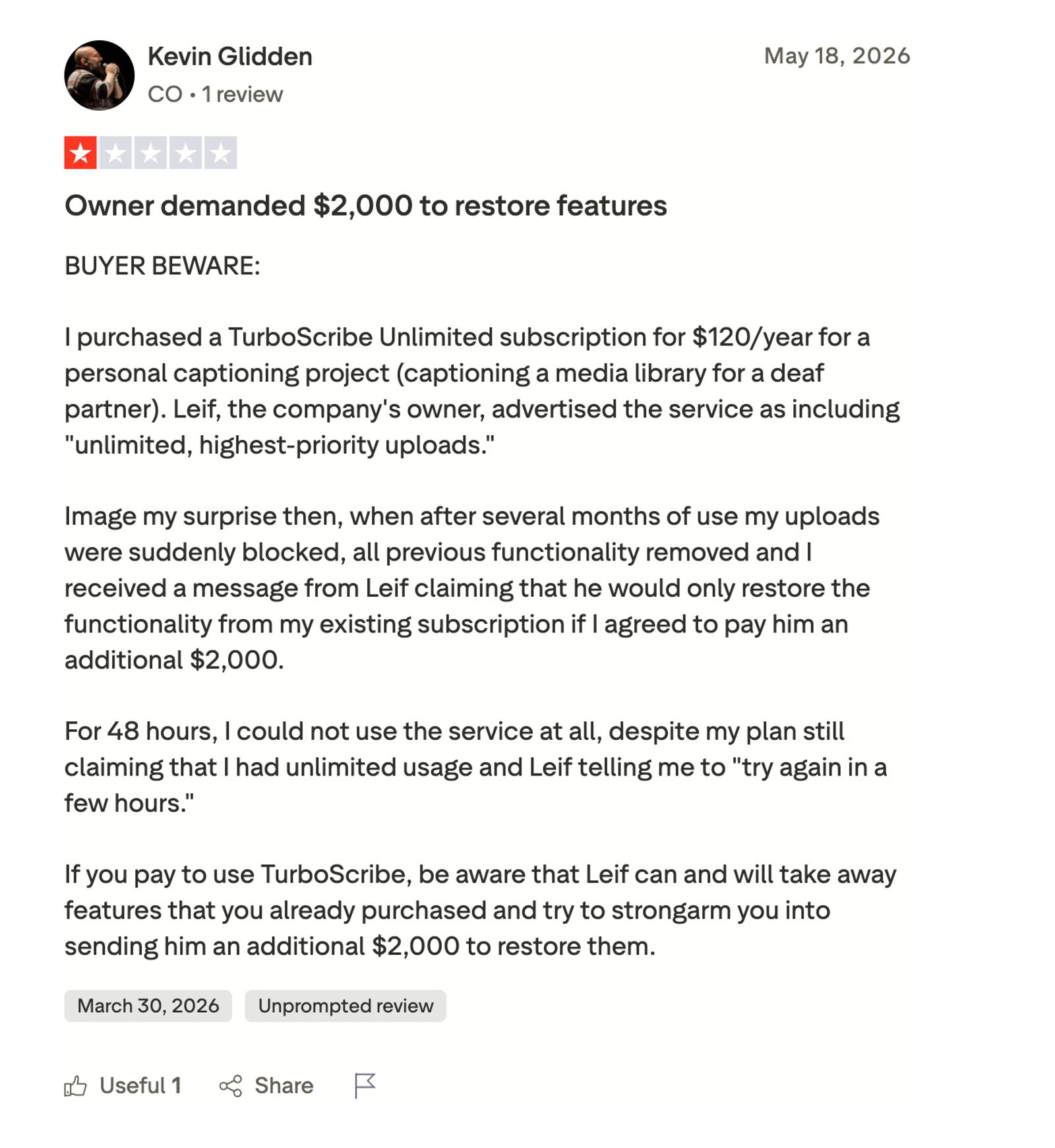 TurboScribe review about blocked uploads and a $2,000 upgrade