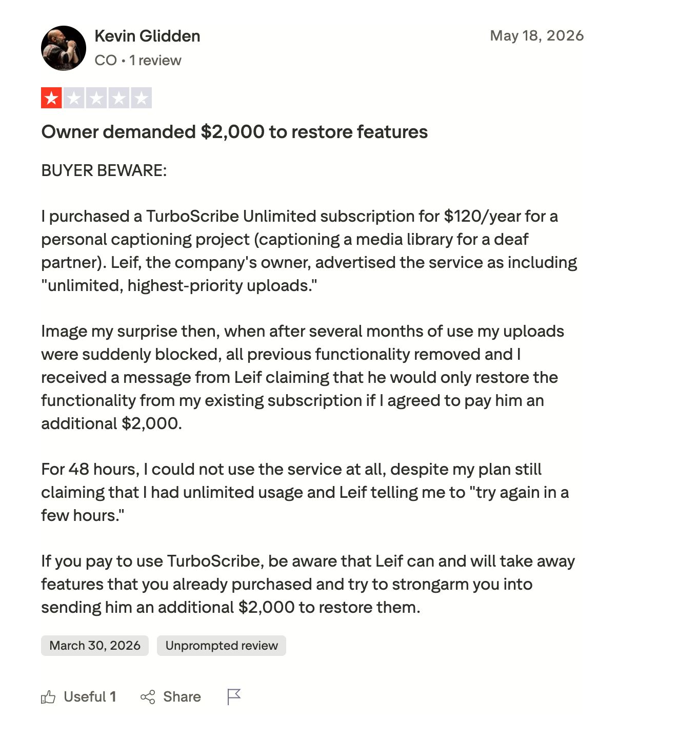 TurboScribe review about blocked uploads and a $2,000 upgrade