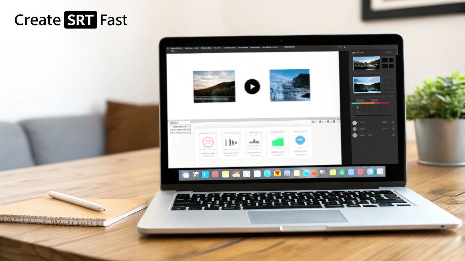A laptop on a wooden desk displaying video editing software with the text 'Create SRT Fast'.